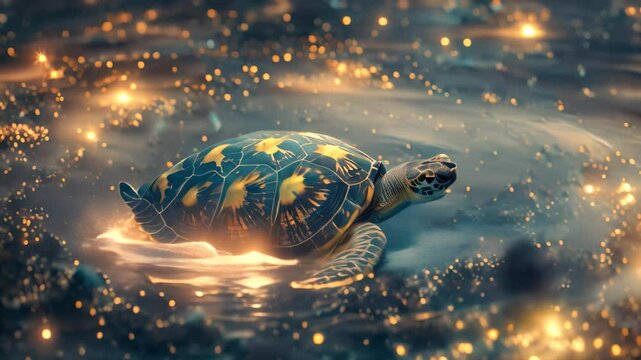 A magical turtle swims through a sea of twinkling gold, A mystical turtle surrounded by a swirl of sparkles and stars