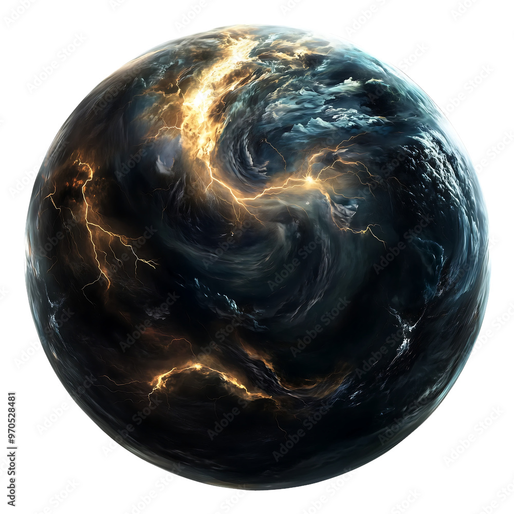 Canvas Prints a planet with swirling storm systems and lightning flashes, isolated on white background.