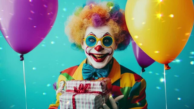Funny clown with balloons and gifts. Entertainer Joker in colorful suit and wig at the birthday party. Professional actor pantomime, mime with clown whiteface makeup.