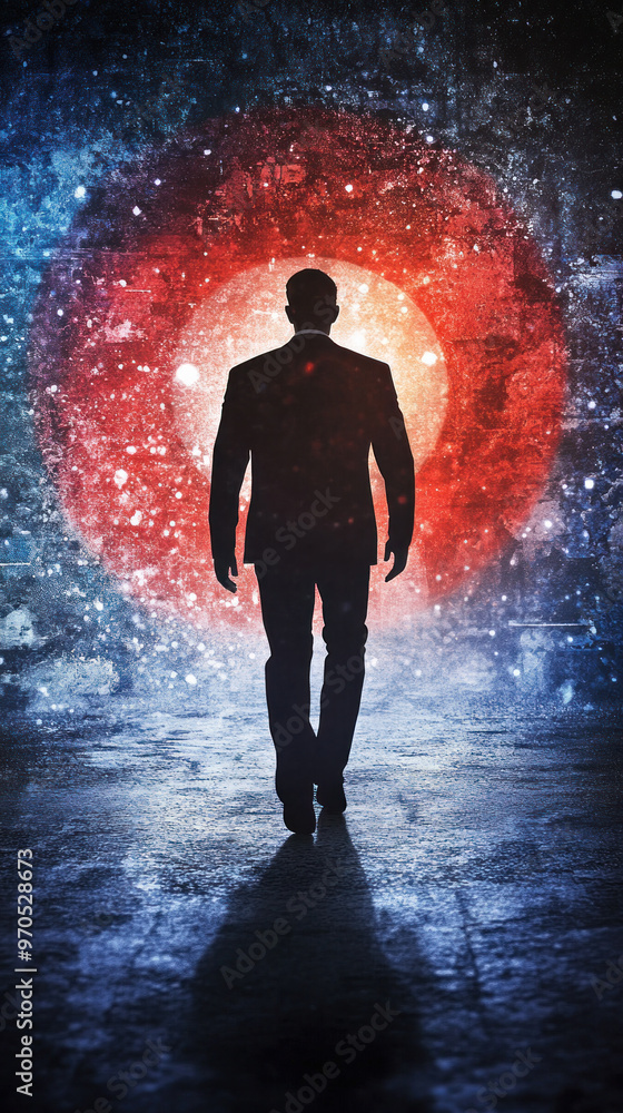 Poster a man is walking through a red and blue circle. the man is wearing a suit and he is in a futuristic 