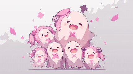 Charming Group of Happy Ghosts Celebrating Together in a Playful Pink Theme