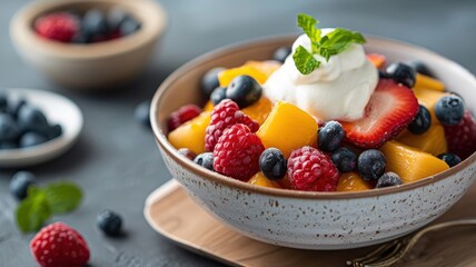 A colorful fruit salad with whipped cream and a sprig of mint.