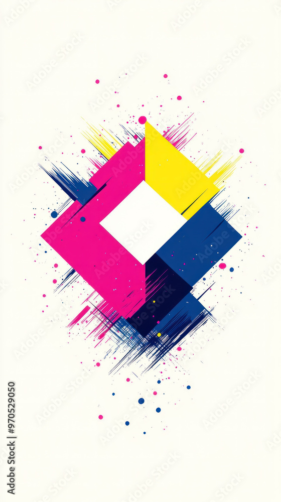 Poster a colorful abstract design with a white background. the design is made up of squares and triangles. 