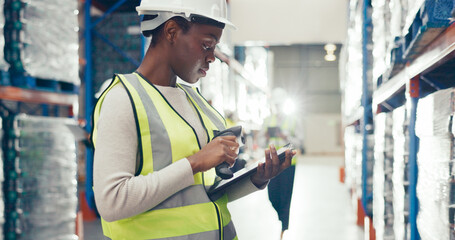 Woman, scanner and tablet in warehouse for stock management, supply chain inspection or inventory checklist. Logistics, plan and supervisor with check for shipping order, quality control or courier