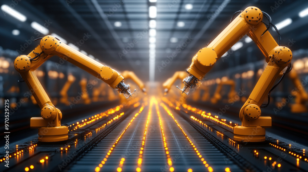 Poster two robots are standing next to each other in a factory. the robots are orange and are positioned in