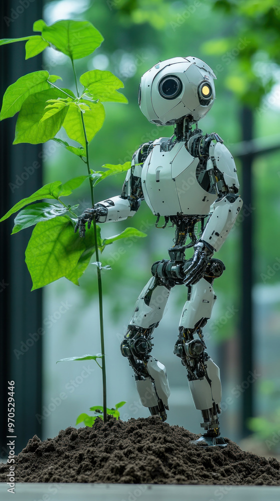 Poster a robot is standing in front of a plant. the robot is white and has a black head. the robot is holdi