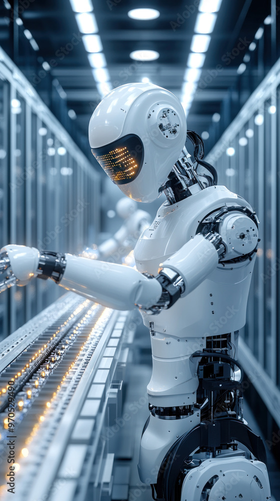 Poster a robot is working on a conveyor belt. the robot is white and has a helmet on its head