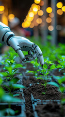 A robot hand is touching a plant. The robot is made of metal and has a human-like appearance. The plant is growing in a garden, and the robot is tending to it. The scene is peaceful and serene