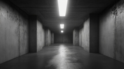 A realistic 3D image of a dark, abstract concrete basement hallway, perfect for creating virtual reality experiences.
