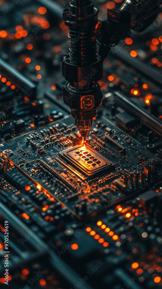 Poster a computer chip is being printed on a circuit board. the image has a futuristic and technological fe