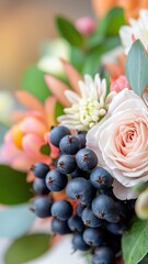 Fototapeta premium Elderberries surrounded by luxurious, colorful flowers in an opulent setting.