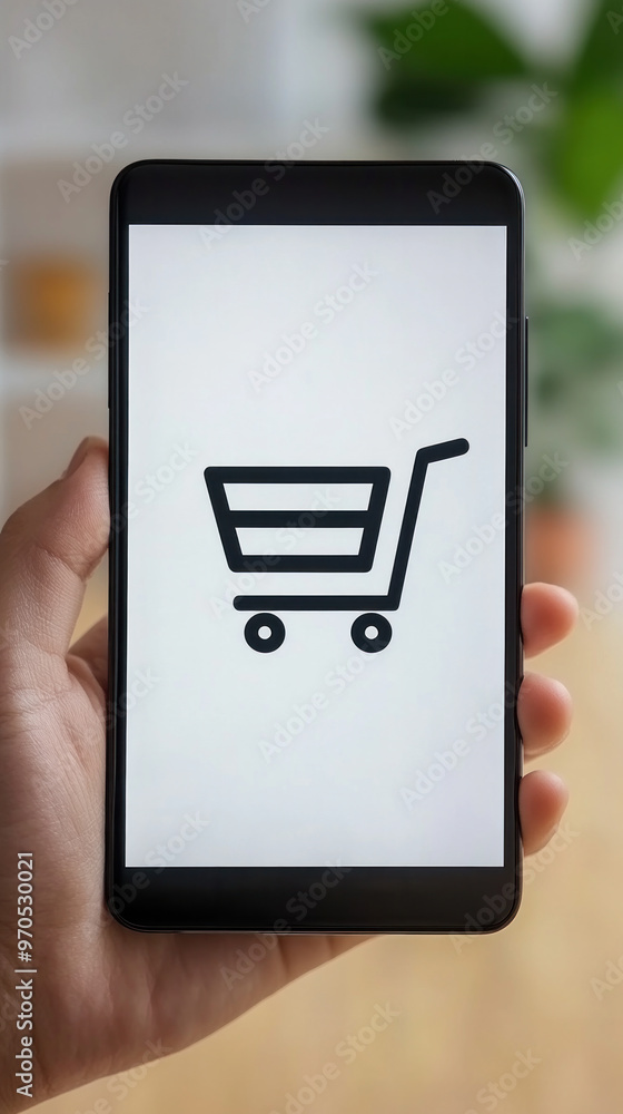Poster a person is holding a cell phone with a shopping cart icon on the screen. concept of shopping and th
