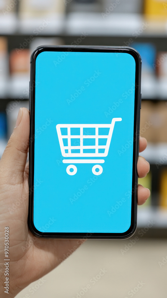 Poster a person is holding a cell phone with a shopping cart icon on it. concept of shopping and the conven