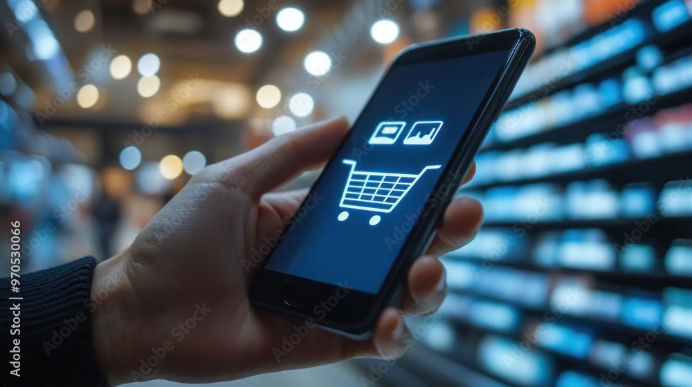 Aufkleber a person is holding a cell phone with a shopping cart icon on it. concept of shopping and the conven