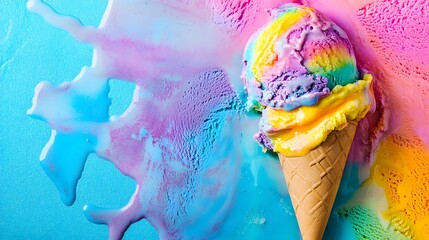 Melted Rainbow Ice Cream Cone on Blue Background