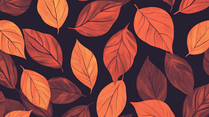 A repeating pattern of dark orange leaves, perfect for fabrics, wallpapers, or any design project. The leaves have a hand-drawn, doodle-like style, creating a colorful and abstract look.