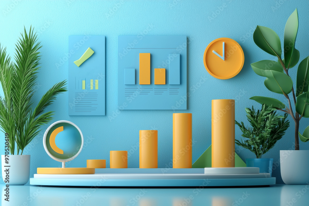 Poster colorful bar graphs and charts display on a bright blue background with greenery in a modern workspa