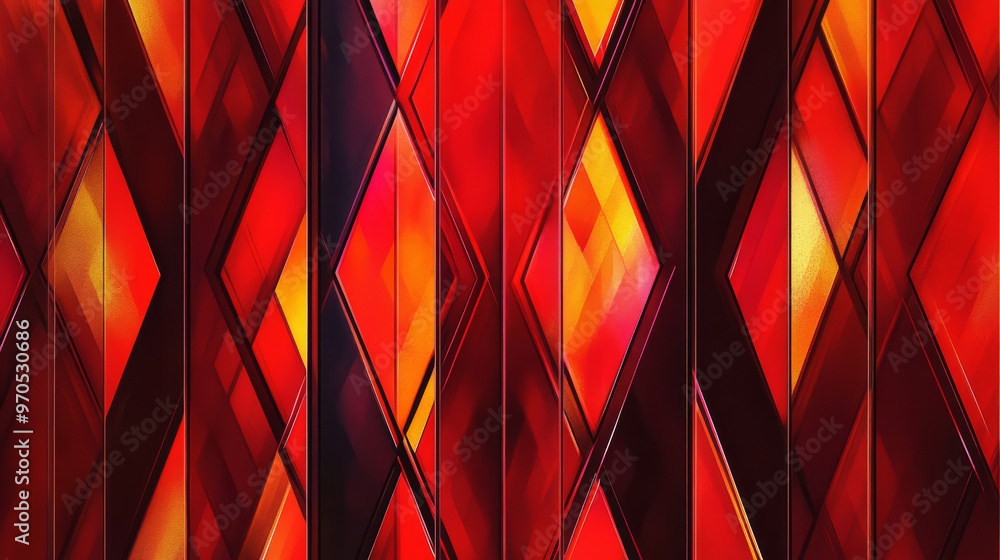 Poster a repeating pattern of red diamonds, like a window blind or curtain, with abstract rectangles.