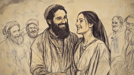 Inspirational Biblical Illustration: Boaz and Ruth Stand Together Smiling, Receiving Blessings from Elders and Townspeople, Beige Background, Faith, Joy, Ruth and Boaz Story
