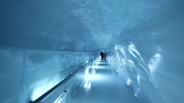 Explore the stunning ice tunnel at Piz Gloria in the Swiss Alps. This winter experience features shimmering ice formations and breathtaking mountain views that will leave you in awe