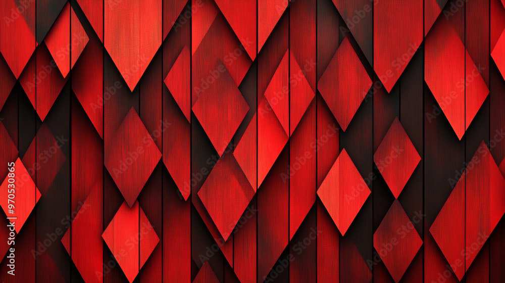 Poster a repeating pattern of red diamonds, like a window blind or curtain, with abstract rectangles.