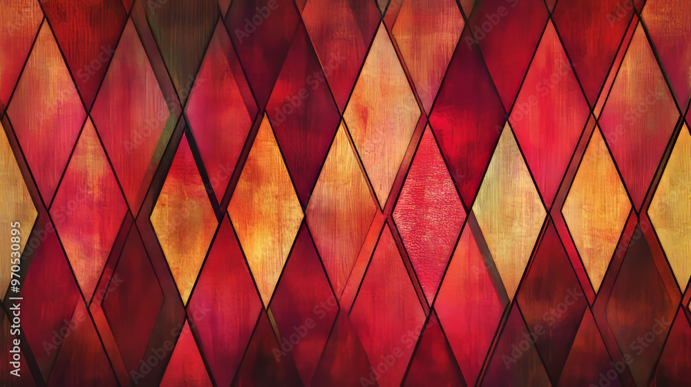 Poster a repeating pattern of red diamonds, like a window blind or curtain, with abstract rectangles.
