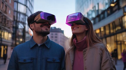 A young couple wearing VR headsets walking down the street in a city, smiling and looking up.