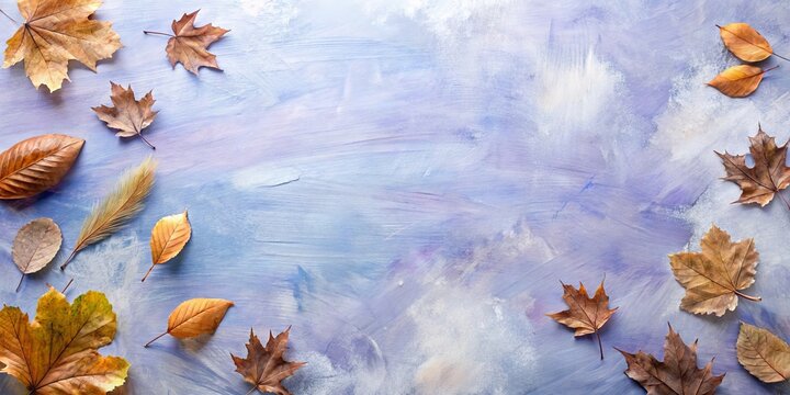 Abstract background with soft periwinkle and chestnut brush strokes and scattered leaves