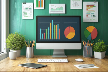 A stylish home office workspace with colorful charts and graphs displayed on a computer monitor, surrounded by greenery and stationery