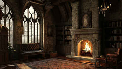Fototapeta premium Luxurious and dark medieval office. There is a fireplace with a seat in front of it