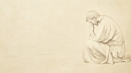 Fototapeta premium Inspirational Biblical Illustration: Samuel's Devotion in Earnest Prayer to the Lord, Beige Background, Faith, Dedication, Old Testament Story