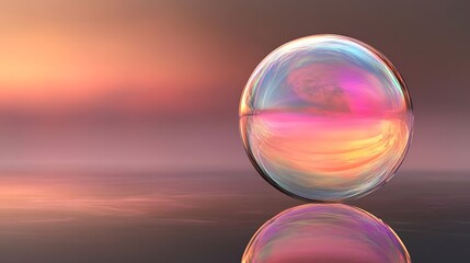 A Single Iridescent Sphere Reflecting a Sunset Sky