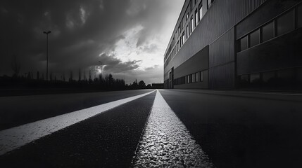 Black and White View of a Road Leading to a Building