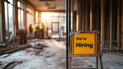 A construction site with workers in the background and a prominent "We're Hiring" sign at the entrance. The industrial space highlights a busy working environment with ongoing construction activity.