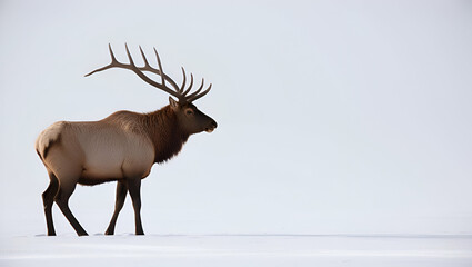 Large Bull Elk grazing in deep snow stops to look in the Yellowstone Ecosystem in western USA, in North America ai generative.