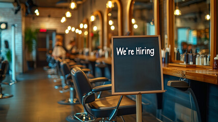 A sleek modern hair salon with mirrors and chairs aligned neatly. A "We're Hiring" sign is prominently displayed, inviting potential employees to join the professional, stylish beauty environment.