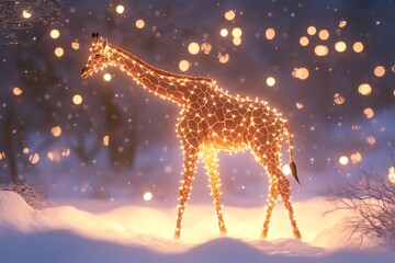 Giraffe-shaped holiday lights glowing in the snow, creating a magical and festive winter wonderland atmosphere.