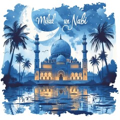 Naklejka premium Vector flat illustration of Milad un Nabi with a mosque