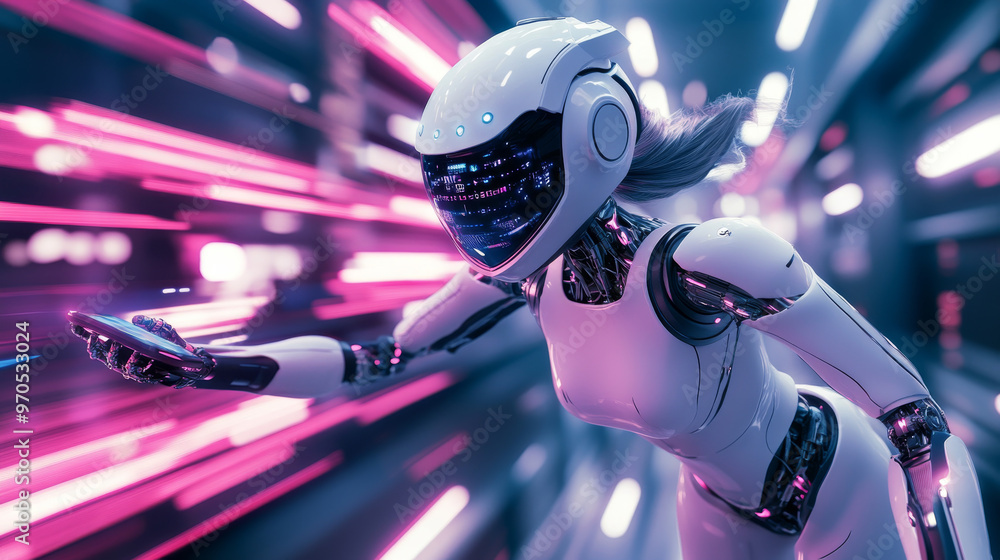 Poster a robotic girl with advanced technology races through a virtual world on her phone. she uses the pow