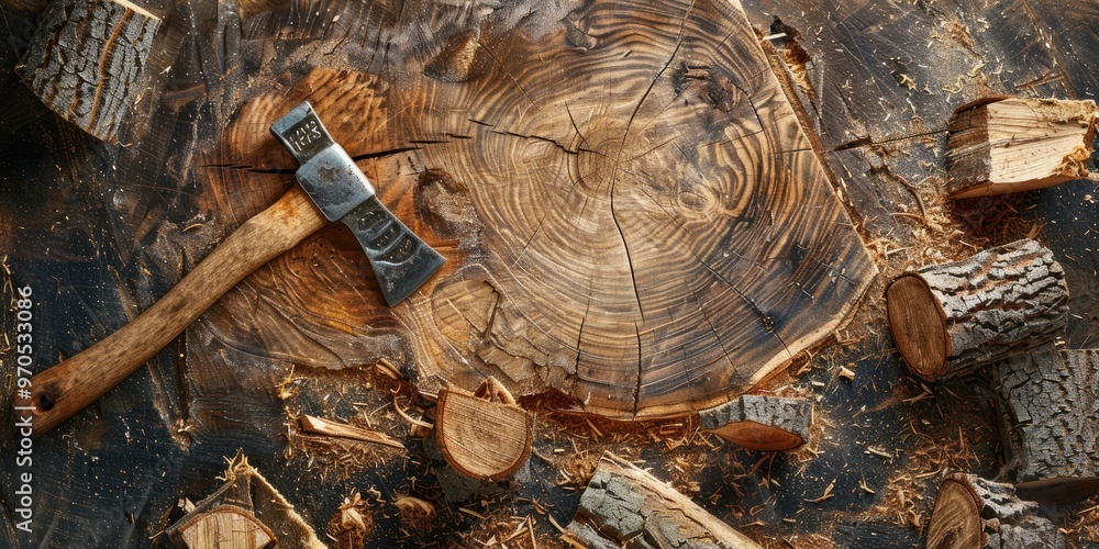 Poster tool embedded in timber with wood shards dividing stumps and logs on the ground