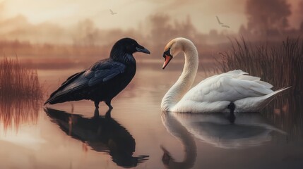 Picture of a crow and a swan in a natural setting