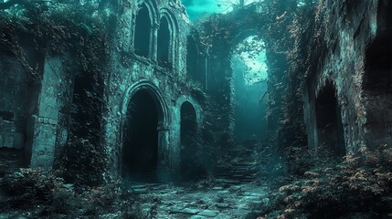 Hauntingly beautiful ruins overgrown with moss and vegetation create an eerie and mystical atmosphere in this captivating photograph.