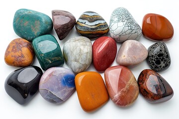 A collection of various polished stones showcasing unique colors and patterns in natural lighting