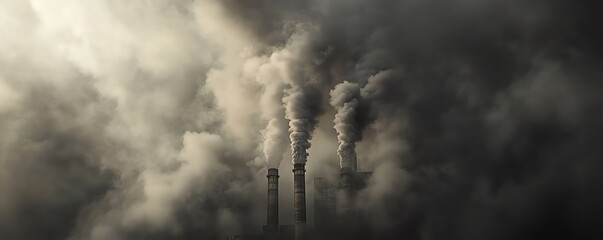 Industrial chimneys emitting thick smoke into the sky, highlighting environmental pollution and the effects of industrialization.