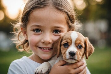 close-up portrait of a little and a puppy