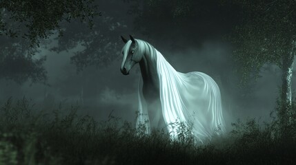 Magical white horse in the misty forest at night, enveloped in an ethereal glow, creating a surreal and mystical atmosphere.