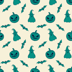 Scary Halloween beige pattern with creepy pumpkin, ghost in wizards hat and bat, in hand drawn doodle style. For background, backdrop, packaging.