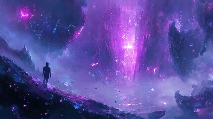 Mystical figure standing in a vibrant purple and blue fantasy landscape, surrounded by cosmic and otherworldly elements.