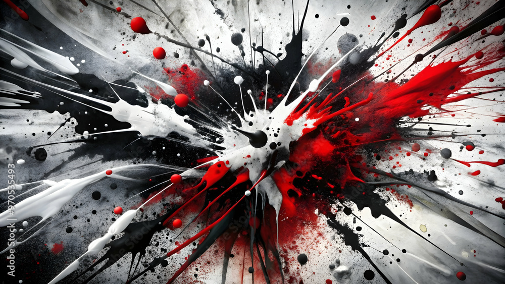 Poster chromatic chaos: a symphony of red, black, and white paint explodes in a vibrant display of abstract