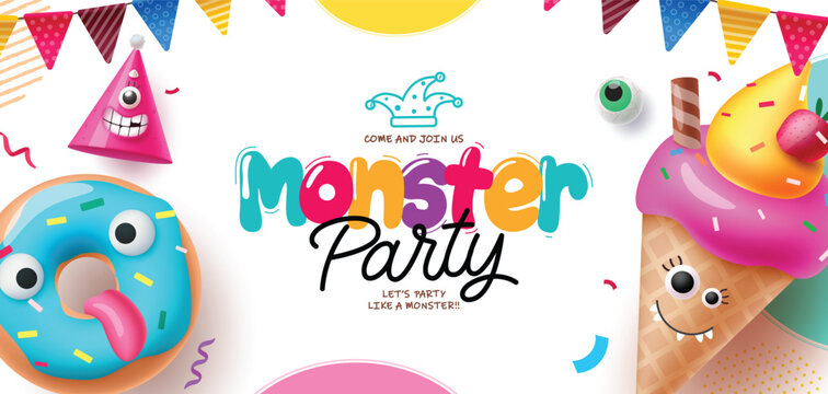 Monster party greeting vector banner design. Halloween birthday party invitation card with donut, ice cream and party hat creature balloons elements. Vector illustration kids birth day card design. 
